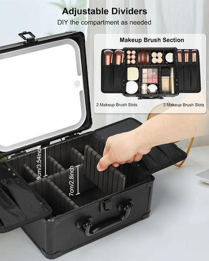 Makeup Bag with LED Mirror, Makeup Box Travel Train Case with Rechargeable Lighted Mirror & Adjustable Dividers, Cosmetic Brush Organizer Storage for Makeup Artists Gifts for Women and Girls