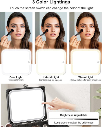 Makeup Bag with LED Mirror, Makeup Box Travel Train Case with Rechargeable Lighted Mirror & Adjustable Dividers, Cosmetic Brush Organizer Storage for Makeup Artists Gifts for Women and Girls