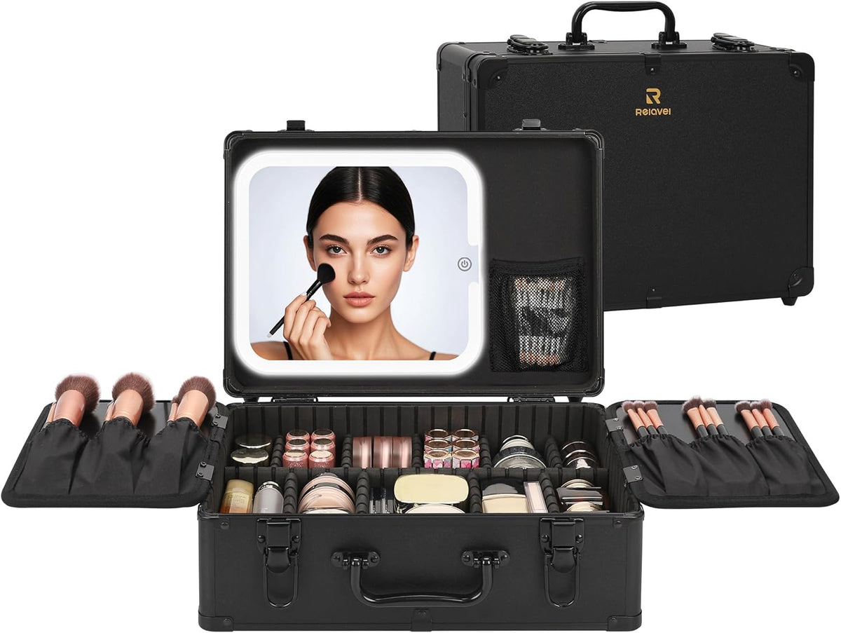 Makeup Bag with LED Mirror, Makeup Box Travel Train Case with Rechargeable Lighted Mirror & Adjustable Dividers, Cosmetic Brush Organizer Storage for Makeup Artists Gifts for Women and Girls
