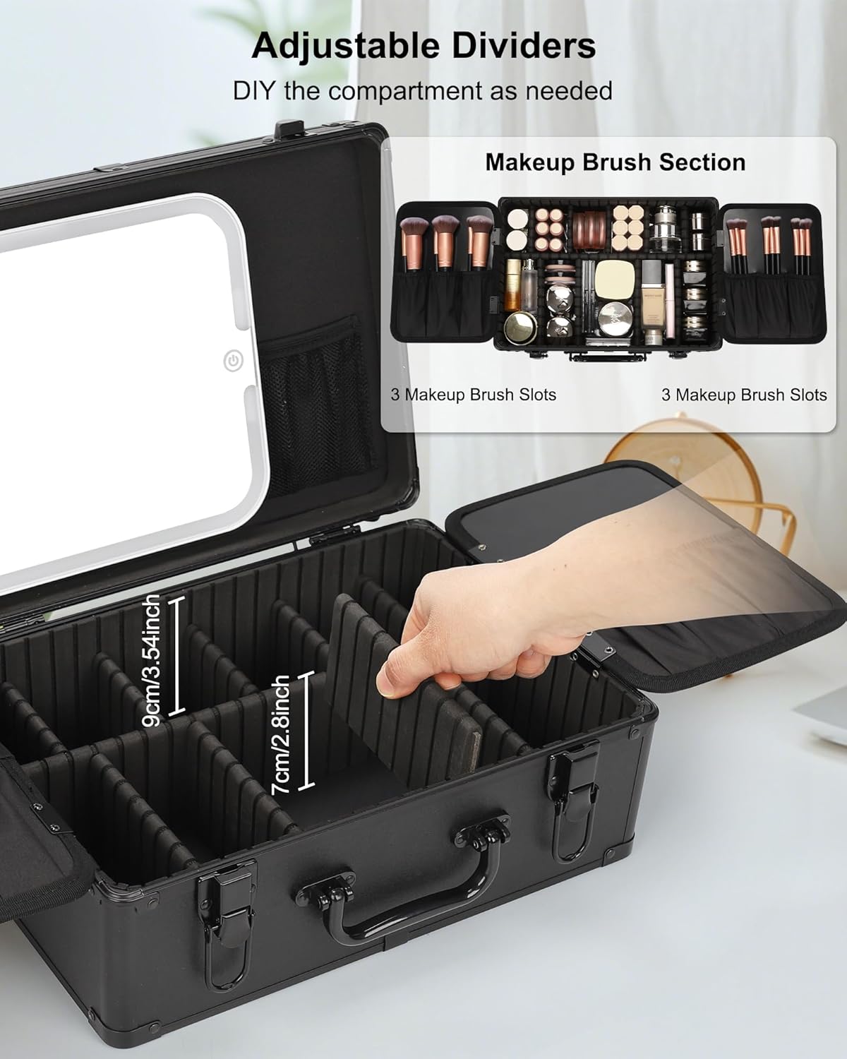 Makeup Bag with LED Mirror, Makeup Box Travel Train Case with Rechargeable Lighted Mirror & Adjustable Dividers, Cosmetic Brush Organizer Storage for Makeup Artists Gifts for Women and Girls