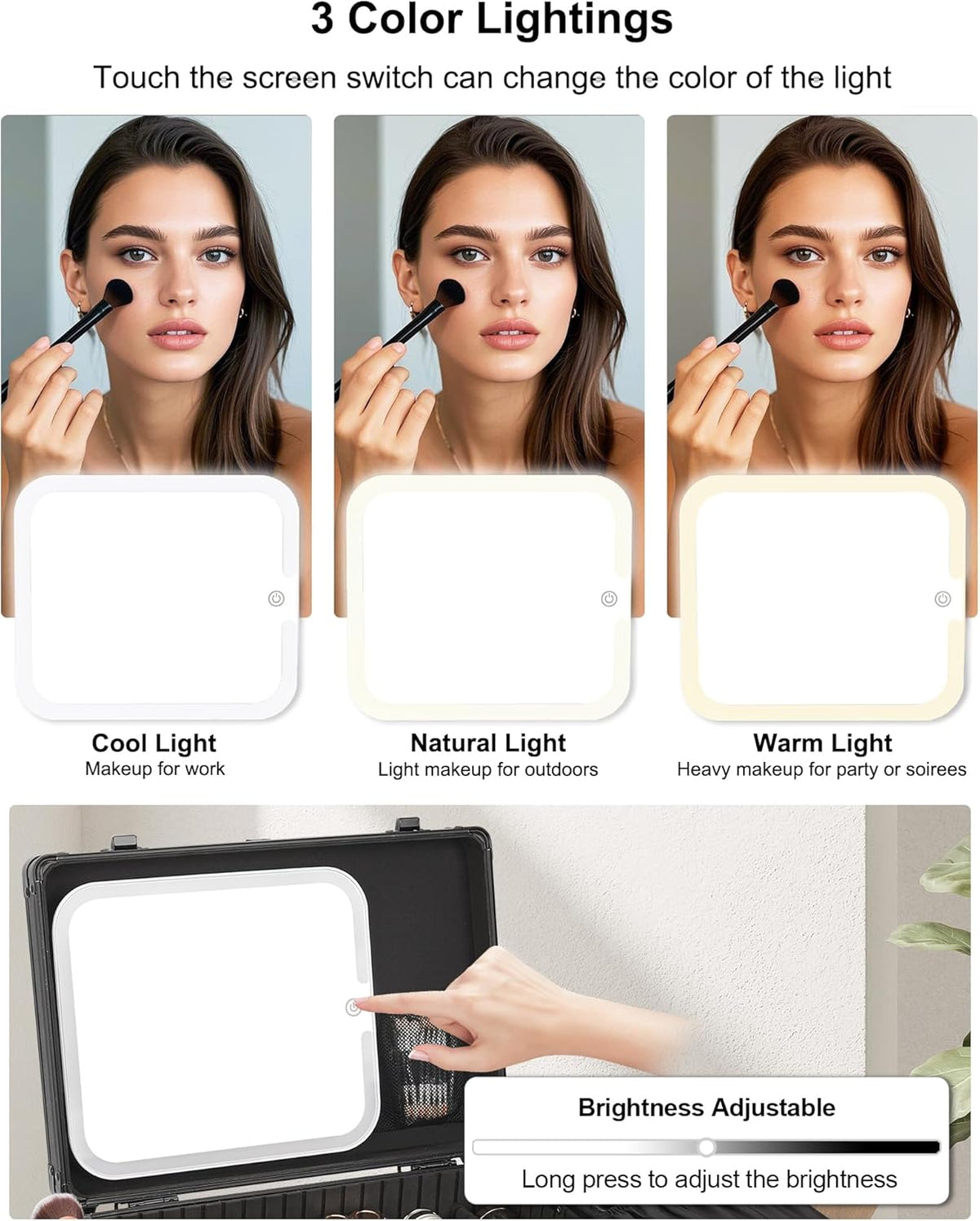 Makeup Bag with LED Mirror, Makeup Box Travel Train Case with Rechargeable Lighted Mirror & Adjustable Dividers, Cosmetic Brush Organizer Storage for Makeup Artists Gifts for Women and Girls