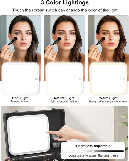 Makeup Bag with LED Mirror, Makeup Box Travel Train Case with Rechargeable Lighted Mirror & Adjustable Dividers, Cosmetic Brush Organizer Storage for Makeup Artists Gifts for Women and Girls