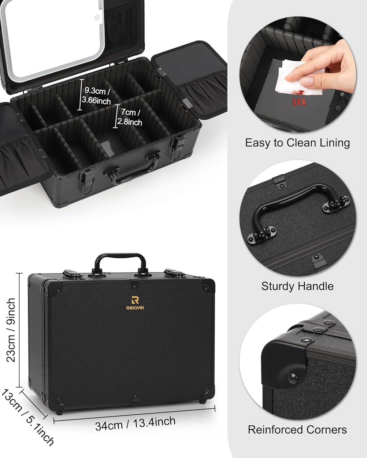Makeup Bag with LED Mirror, Makeup Box Travel Train Case with Rechargeable Lighted Mirror & Adjustable Dividers, Cosmetic Brush Organizer Storage for Makeup Artists Gifts for Women and Girls