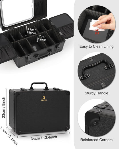 Makeup Bag with LED Mirror, Makeup Box Travel Train Case with Rechargeable Lighted Mirror & Adjustable Dividers, Cosmetic Brush Organizer Storage for Makeup Artists Gifts for Women and Girls