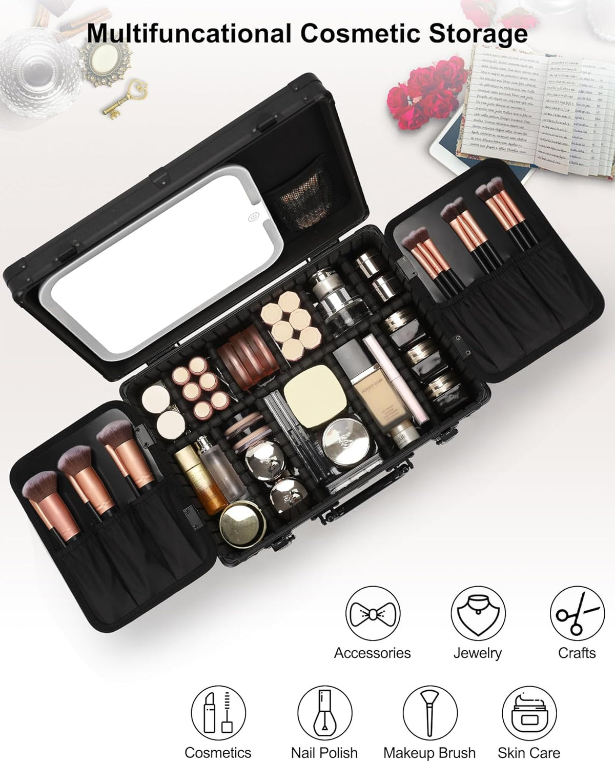 Makeup Bag with LED Mirror, Makeup Box Travel Train Case with Rechargeable Lighted Mirror & Adjustable Dividers, Cosmetic Brush Organizer Storage for Makeup Artists Gifts for Women and Girls