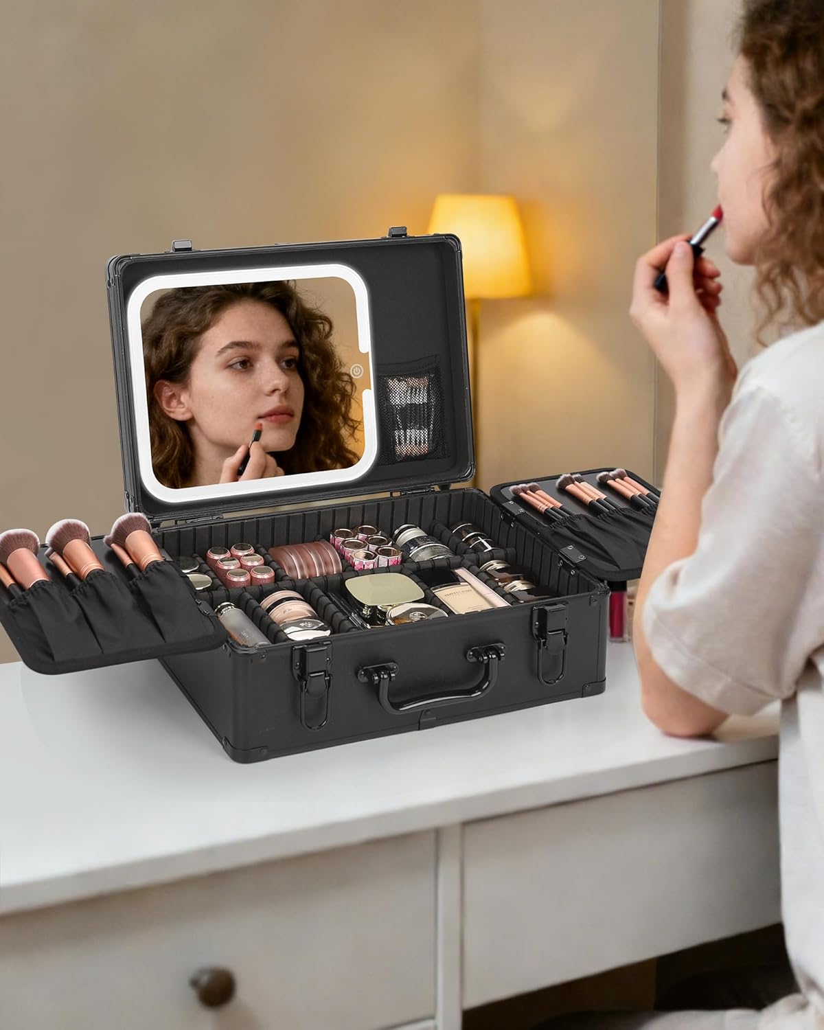 Makeup Bag with LED Mirror, Makeup Box Travel Train Case with Rechargeable Lighted Mirror & Adjustable Dividers, Cosmetic Brush Organizer Storage for Makeup Artists Gifts for Women and Girls