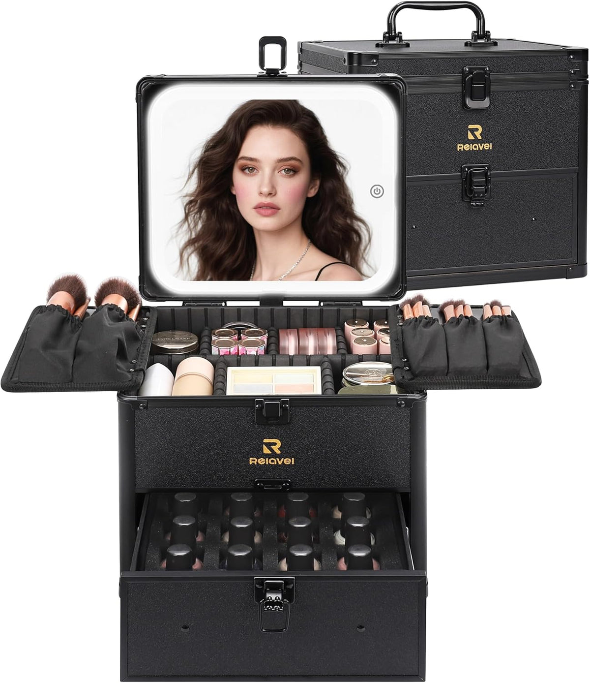 Makeup Bag with LED Mirror, Makeup Box Travel Train Case with Rechargeable Lighted Mirror & Adjustable Dividers, Cosmetic Brush Organizer Storage for Makeup Artists Gifts for Women and Girls