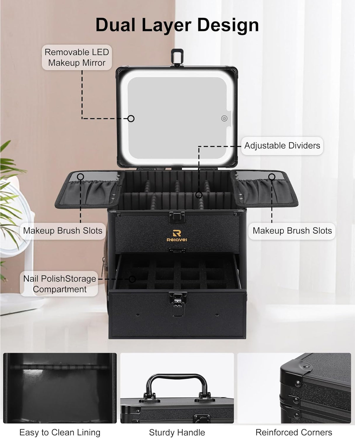 Makeup Bag with LED Mirror, Makeup Box Travel Train Case with Rechargeable Lighted Mirror & Adjustable Dividers, Cosmetic Brush Organizer Storage for Makeup Artists Gifts for Women and Girls