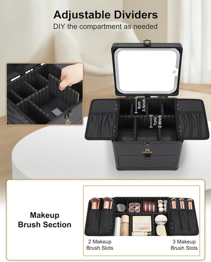 Makeup Bag with LED Mirror, Makeup Box Travel Train Case with Rechargeable Lighted Mirror & Adjustable Dividers, Cosmetic Brush Organizer Storage for Makeup Artists Gifts for Women and Girls