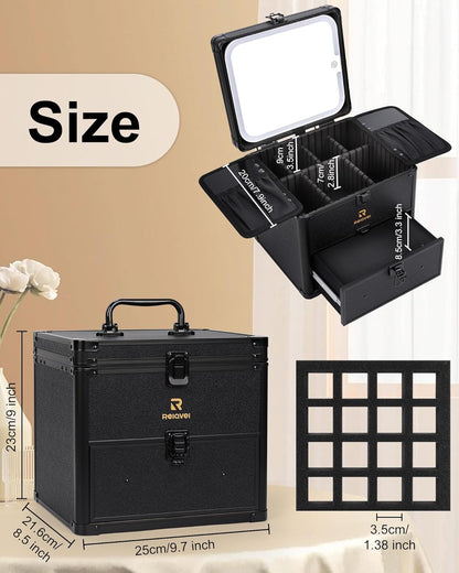 Makeup Bag with LED Mirror, Makeup Box Travel Train Case with Rechargeable Lighted Mirror & Adjustable Dividers, Cosmetic Brush Organizer Storage for Makeup Artists Gifts for Women and Girls
