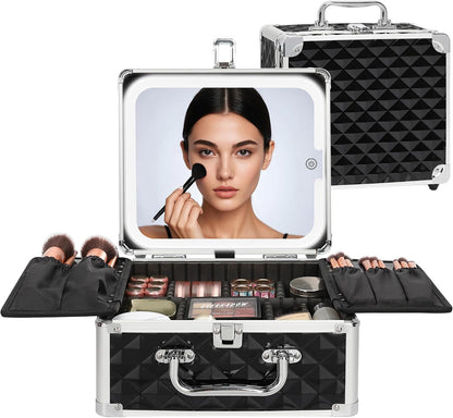 Makeup Bag with LED Mirror, Makeup Box Travel Train Case with Rechargeable Lighted Mirror & Adjustable Dividers, Cosmetic Brush Organizer Storage for Makeup Artists Gifts for Women and Girls