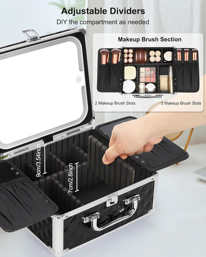 Makeup Bag with LED Mirror, Makeup Box Travel Train Case with Rechargeable Lighted Mirror & Adjustable Dividers, Cosmetic Brush Organizer Storage for Makeup Artists Gifts for Women and Girls