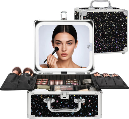 Makeup Bag with LED Mirror, Makeup Box Travel Train Case with Rechargeable Lighted Mirror & Adjustable Dividers, Cosmetic Brush Organizer Storage for Makeup Artists Gifts for Women and Girls