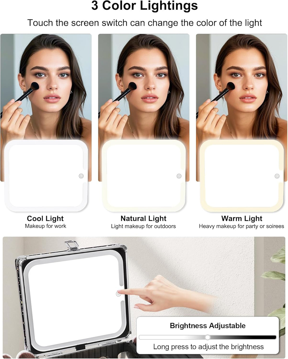 Makeup Bag with LED Mirror, Makeup Box Travel Train Case with Rechargeable Lighted Mirror & Adjustable Dividers, Cosmetic Brush Organizer Storage for Makeup Artists Gifts for Women and Girls