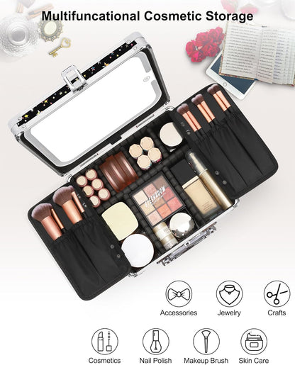 Makeup Bag with LED Mirror, Makeup Box Travel Train Case with Rechargeable Lighted Mirror & Adjustable Dividers, Cosmetic Brush Organizer Storage for Makeup Artists Gifts for Women and Girls