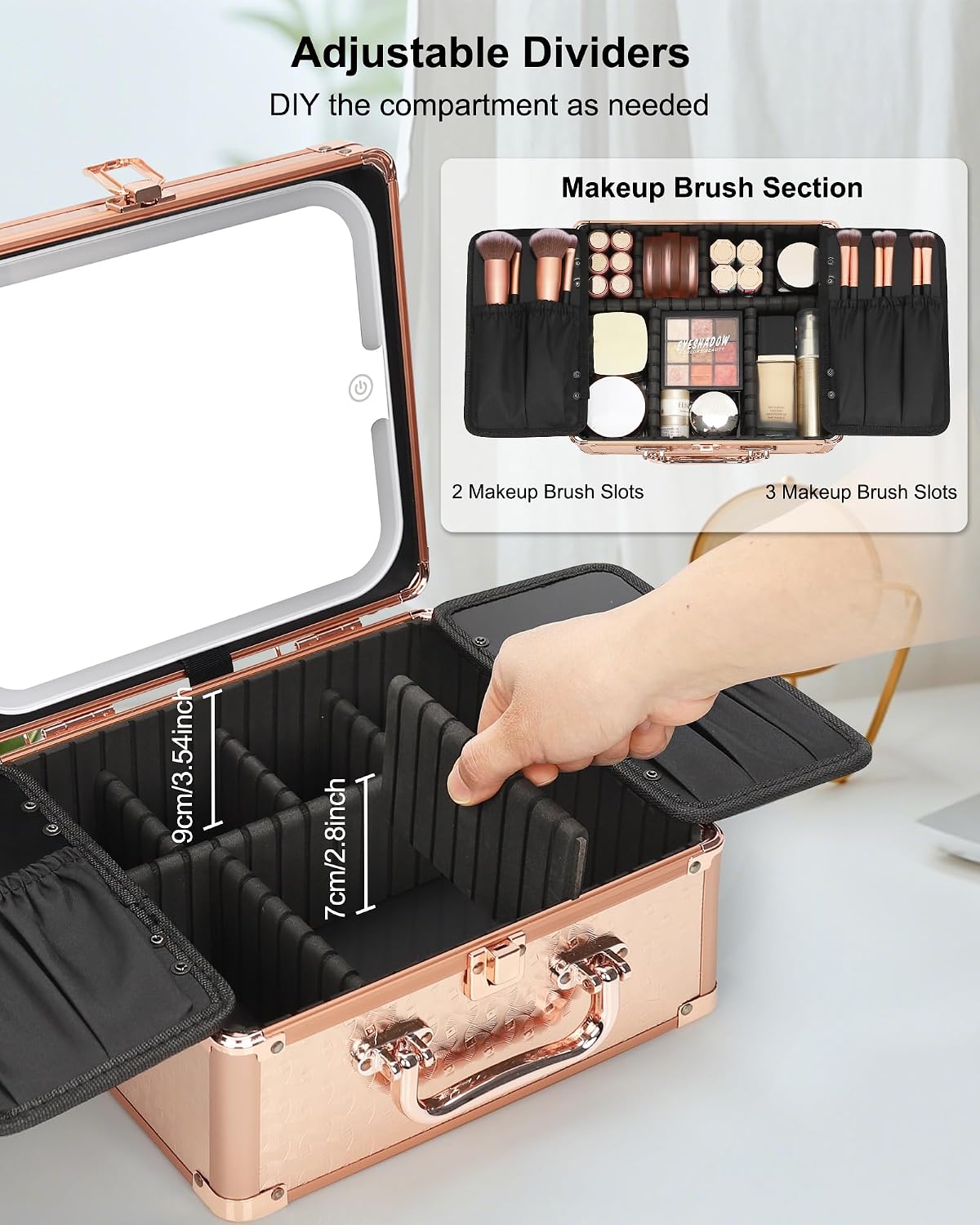 Makeup Bag with LED Mirror, Makeup Box Travel Train Case with Rechargeable Lighted Mirror & Adjustable Dividers, Cosmetic Brush Organizer Storage for Makeup Artists Gifts for Women and Girls