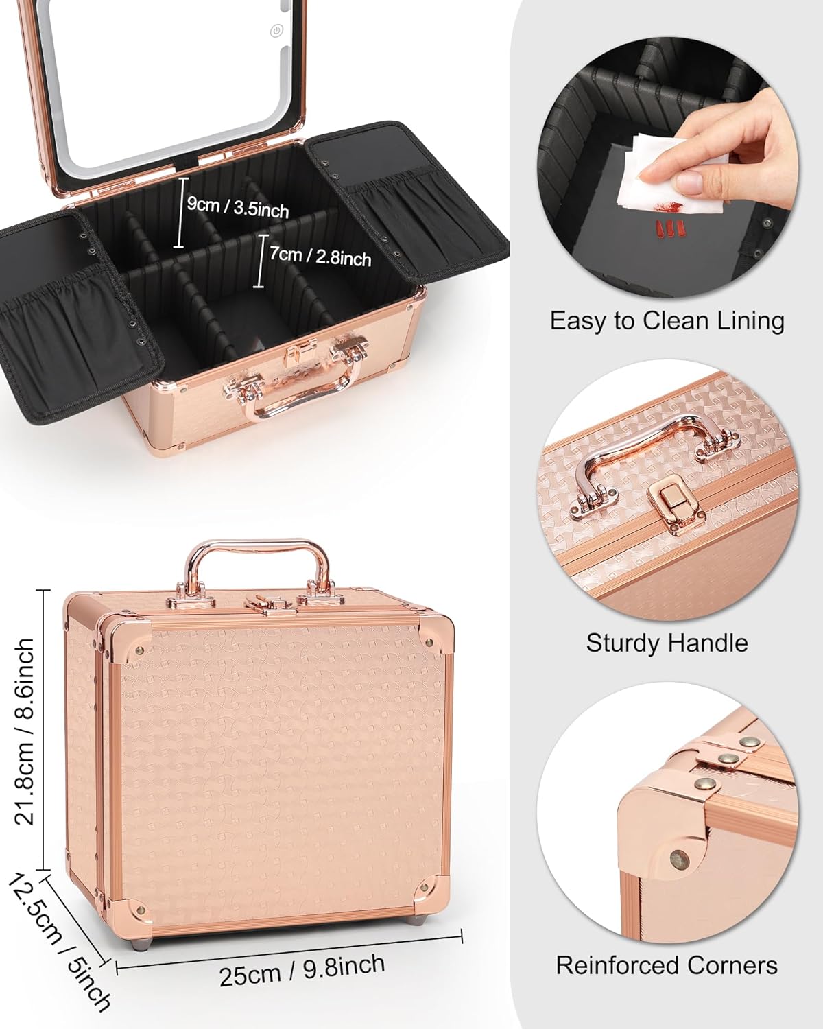Makeup Bag with LED Mirror, Makeup Box Travel Train Case with Rechargeable Lighted Mirror & Adjustable Dividers, Cosmetic Brush Organizer Storage for Makeup Artists Gifts for Women and Girls