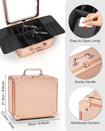 Makeup Bag with LED Mirror, Makeup Box Travel Train Case with Rechargeable Lighted Mirror & Adjustable Dividers, Cosmetic Brush Organizer Storage for Makeup Artists Gifts for Women and Girls