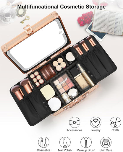 Makeup Bag with LED Mirror, Makeup Box Travel Train Case with Rechargeable Lighted Mirror & Adjustable Dividers, Cosmetic Brush Organizer Storage for Makeup Artists Gifts for Women and Girls