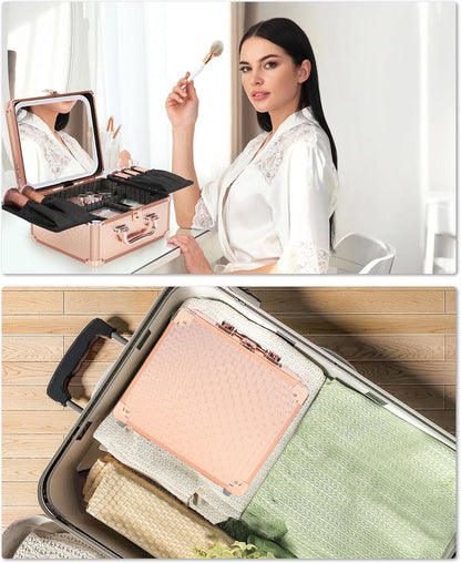 Makeup Bag with LED Mirror, Makeup Box Travel Train Case with Rechargeable Lighted Mirror & Adjustable Dividers, Cosmetic Brush Organizer Storage for Makeup Artists Gifts for Women and Girls