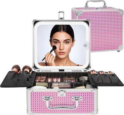 Makeup Bag with LED Mirror, Makeup Box Travel Train Case with Rechargeable Lighted Mirror & Adjustable Dividers, Cosmetic Brush Organizer Storage for Makeup Artists Gifts for Women and Girls
