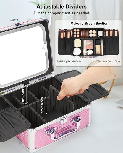 Makeup Bag with LED Mirror, Makeup Box Travel Train Case with Rechargeable Lighted Mirror & Adjustable Dividers, Cosmetic Brush Organizer Storage for Makeup Artists Gifts for Women and Girls