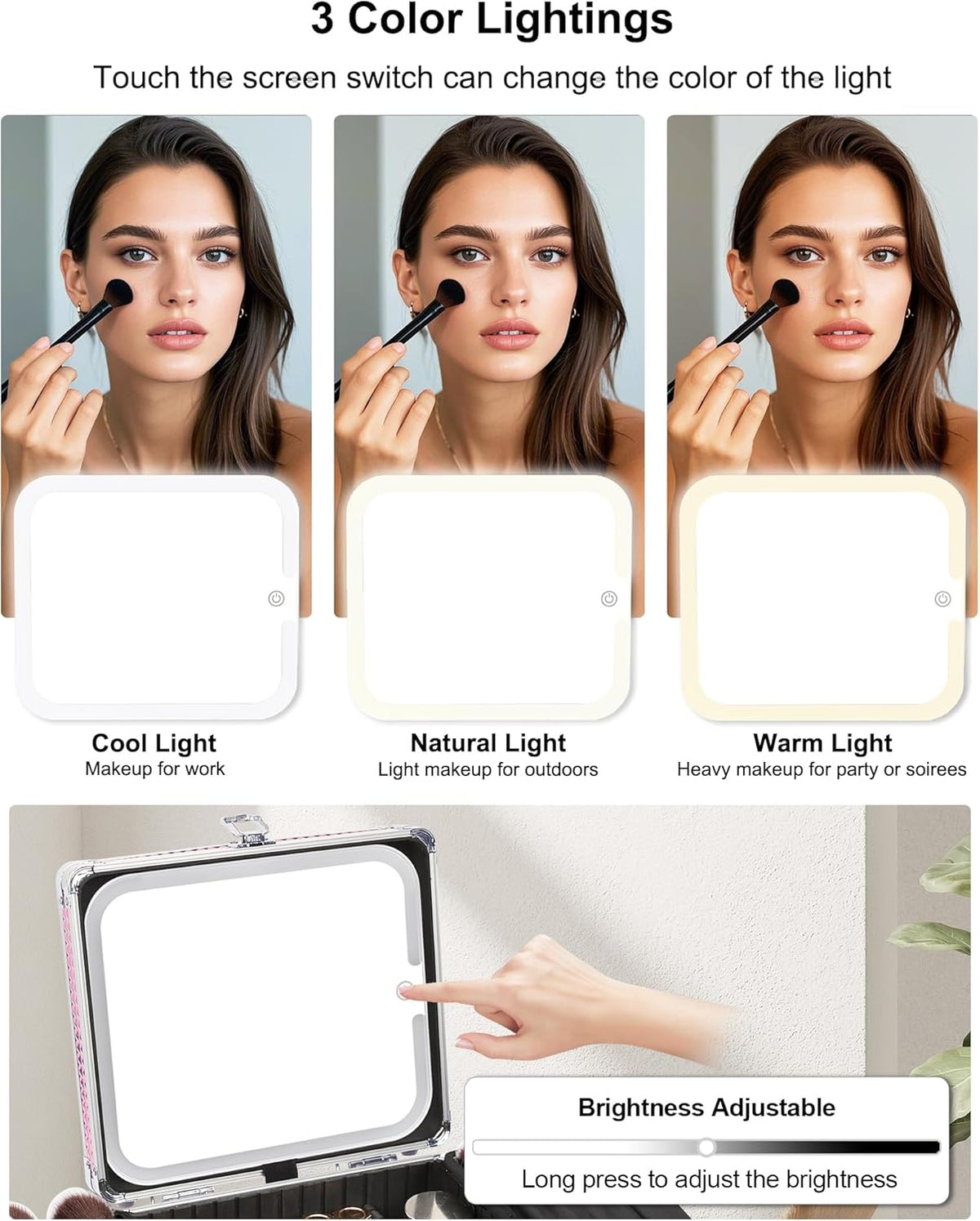Makeup Bag with LED Mirror, Makeup Box Travel Train Case with Rechargeable Lighted Mirror & Adjustable Dividers, Cosmetic Brush Organizer Storage for Makeup Artists Gifts for Women and Girls