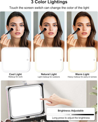 Makeup Bag with LED Mirror, Makeup Box Travel Train Case with Rechargeable Lighted Mirror & Adjustable Dividers, Cosmetic Brush Organizer Storage for Makeup Artists Gifts for Women and Girls
