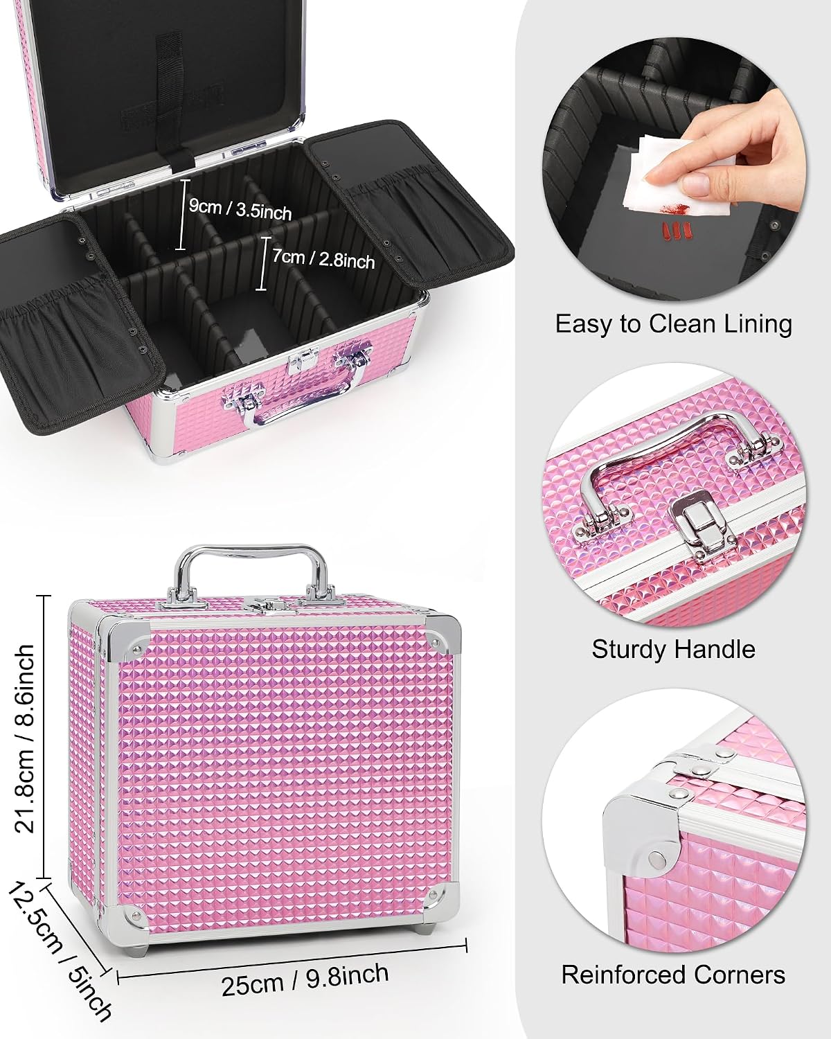 Makeup Bag with LED Mirror, Makeup Box Travel Train Case with Rechargeable Lighted Mirror & Adjustable Dividers, Cosmetic Brush Organizer Storage for Makeup Artists Gifts for Women and Girls