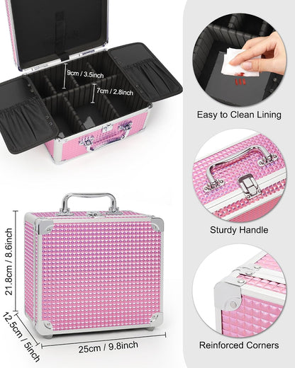 Makeup Bag with LED Mirror, Makeup Box Travel Train Case with Rechargeable Lighted Mirror & Adjustable Dividers, Cosmetic Brush Organizer Storage for Makeup Artists Gifts for Women and Girls
