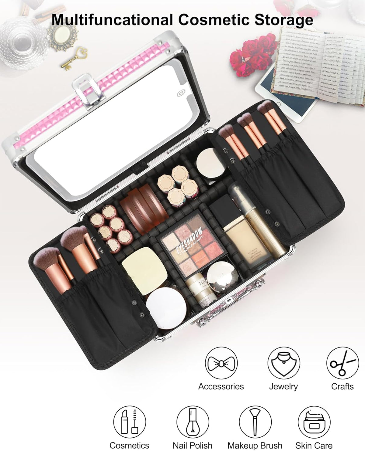 Makeup Bag with LED Mirror, Makeup Box Travel Train Case with Rechargeable Lighted Mirror & Adjustable Dividers, Cosmetic Brush Organizer Storage for Makeup Artists Gifts for Women and Girls