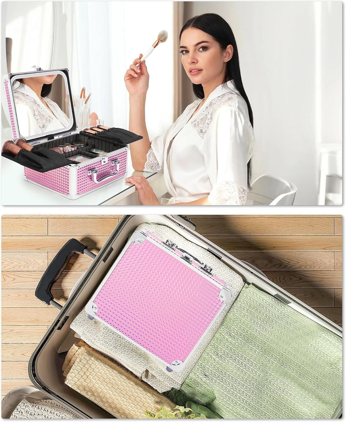 Makeup Bag with LED Mirror, Makeup Box Travel Train Case with Rechargeable Lighted Mirror & Adjustable Dividers, Cosmetic Brush Organizer Storage for Makeup Artists Gifts for Women and Girls