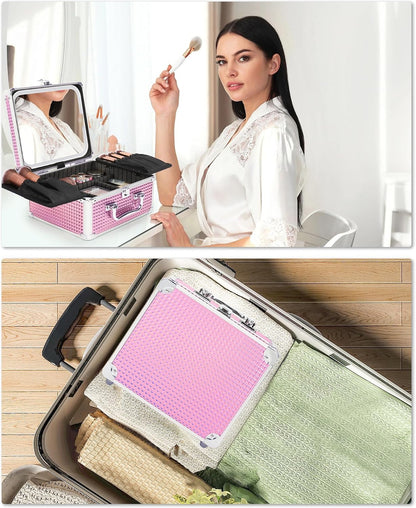 Makeup Bag with LED Mirror, Makeup Box Travel Train Case with Rechargeable Lighted Mirror & Adjustable Dividers, Cosmetic Brush Organizer Storage for Makeup Artists Gifts for Women and Girls