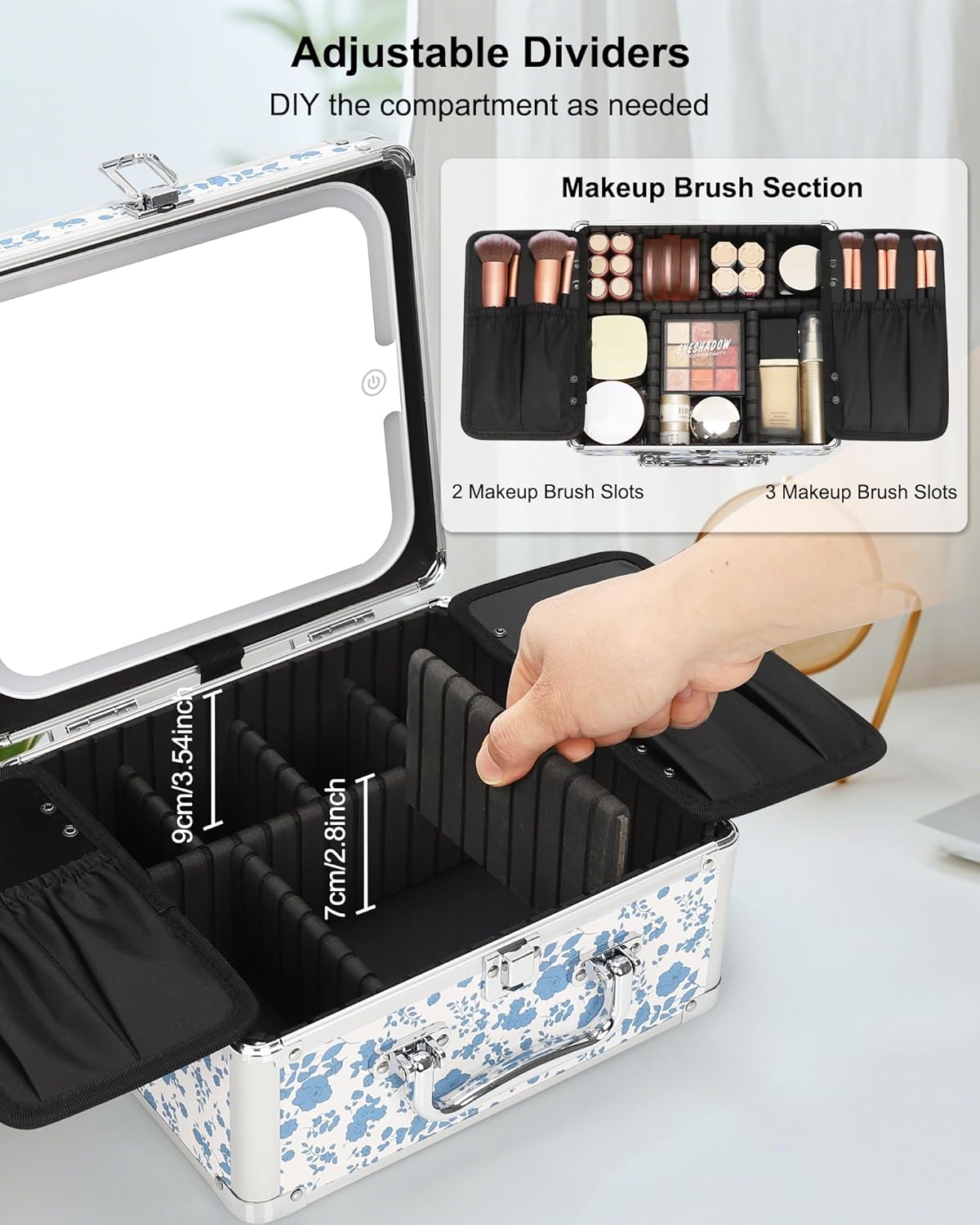 Makeup Bag with LED Mirror, Makeup Box Travel Train Case with Rechargeable Lighted Mirror & Adjustable Dividers, Cosmetic Brush Organizer Storage for Makeup Artists Gifts for Women and Girls