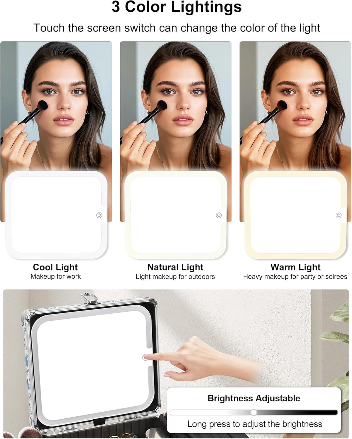Makeup Bag with LED Mirror, Makeup Box Travel Train Case with Rechargeable Lighted Mirror & Adjustable Dividers, Cosmetic Brush Organizer Storage for Makeup Artists Gifts for Women and Girls