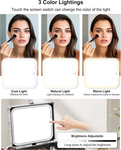 Makeup Bag with LED Mirror, Makeup Box Travel Train Case with Rechargeable Lighted Mirror & Adjustable Dividers, Cosmetic Brush Organizer Storage for Makeup Artists Gifts for Women and Girls