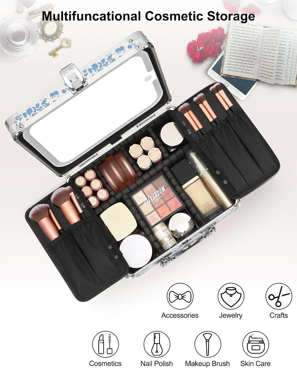 Makeup Bag with LED Mirror, Makeup Box Travel Train Case with Rechargeable Lighted Mirror & Adjustable Dividers, Cosmetic Brush Organizer Storage for Makeup Artists Gifts for Women and Girls