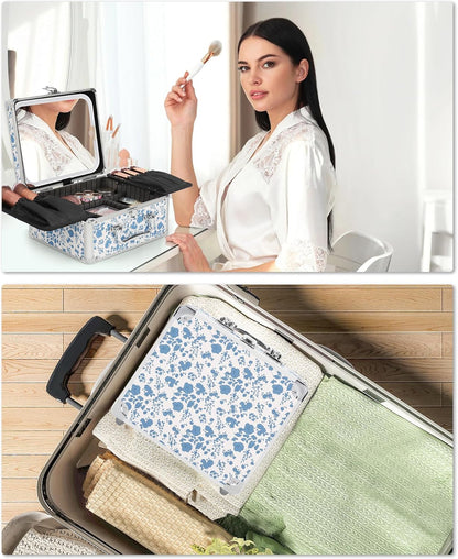 Makeup Bag with LED Mirror, Makeup Box Travel Train Case with Rechargeable Lighted Mirror & Adjustable Dividers, Cosmetic Brush Organizer Storage for Makeup Artists Gifts for Women and Girls