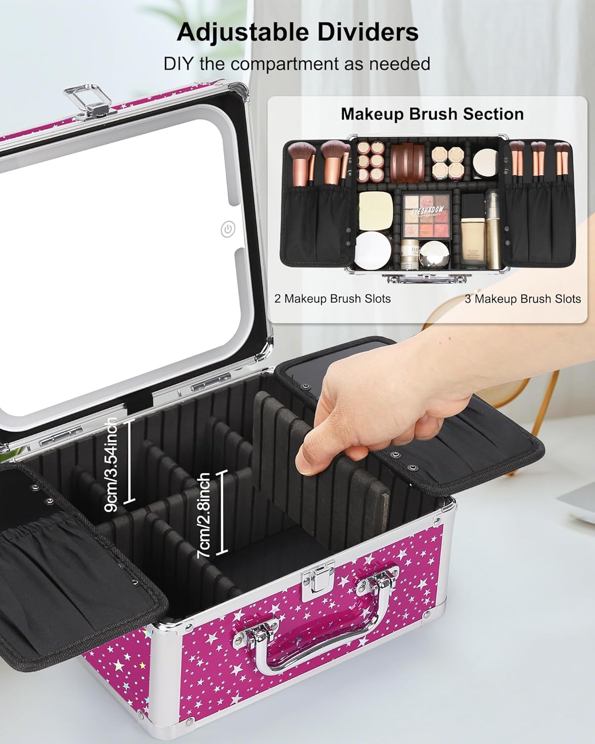 Makeup Bag with LED Mirror, Makeup Box Travel Train Case with Rechargeable Lighted Mirror & Adjustable Dividers, Cosmetic Brush Organizer Storage for Makeup Artists Gifts for Women and Girls