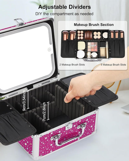 Makeup Bag with LED Mirror, Makeup Box Travel Train Case with Rechargeable Lighted Mirror & Adjustable Dividers, Cosmetic Brush Organizer Storage for Makeup Artists Gifts for Women and Girls
