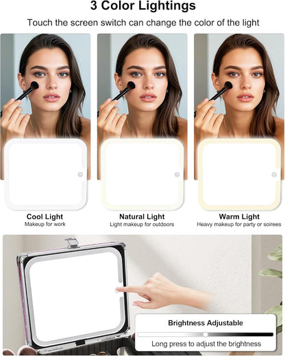 Makeup Bag with LED Mirror, Makeup Box Travel Train Case with Rechargeable Lighted Mirror & Adjustable Dividers, Cosmetic Brush Organizer Storage for Makeup Artists Gifts for Women and Girls