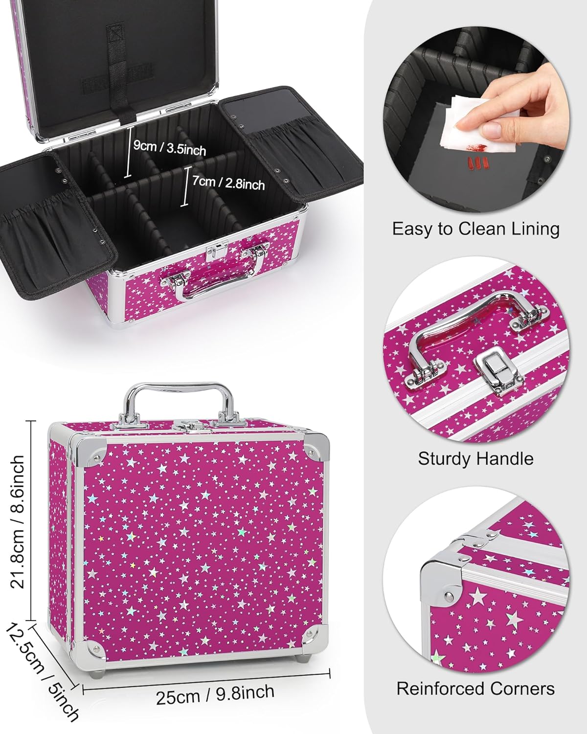 Makeup Bag with LED Mirror, Makeup Box Travel Train Case with Rechargeable Lighted Mirror & Adjustable Dividers, Cosmetic Brush Organizer Storage for Makeup Artists Gifts for Women and Girls