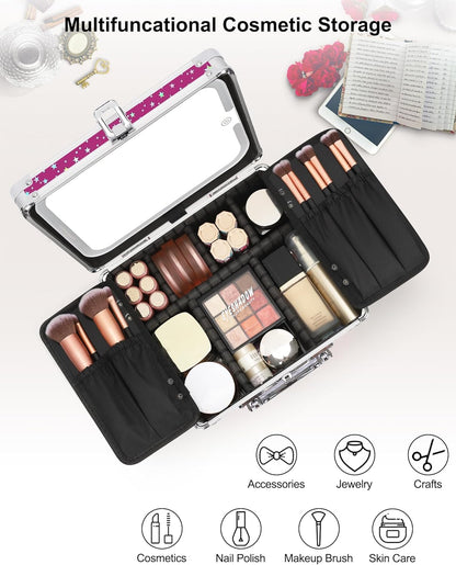 Makeup Bag with LED Mirror, Makeup Box Travel Train Case with Rechargeable Lighted Mirror & Adjustable Dividers, Cosmetic Brush Organizer Storage for Makeup Artists Gifts for Women and Girls
