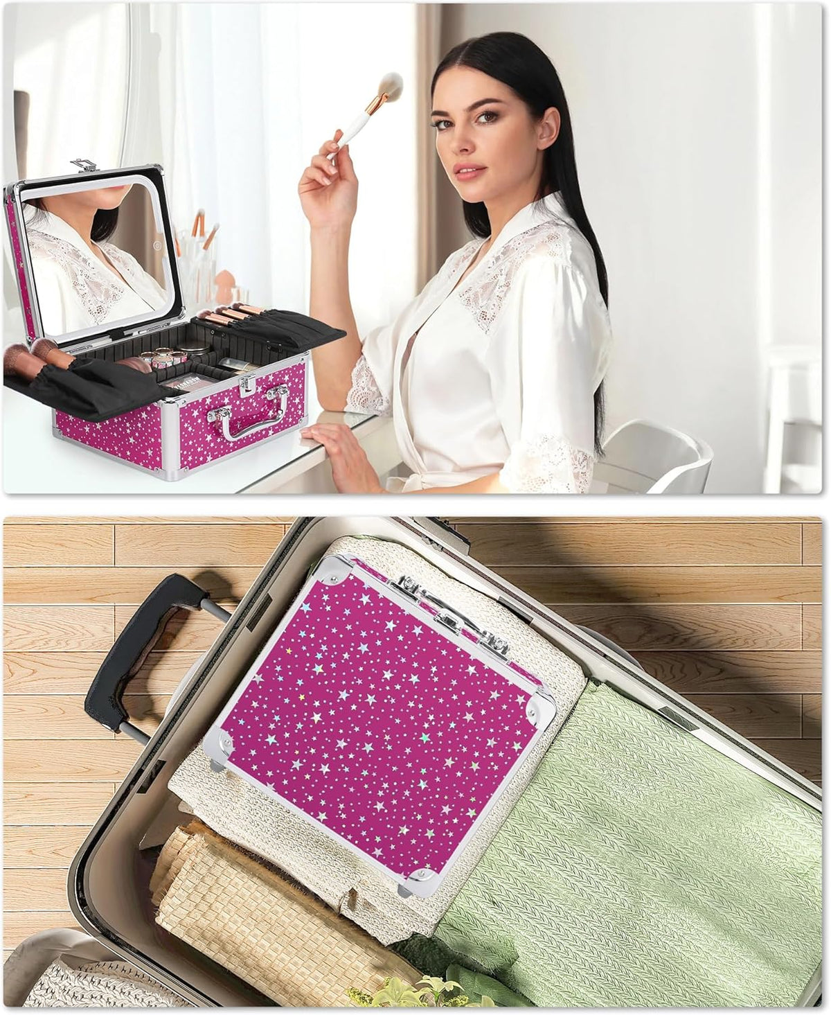 Makeup Bag with LED Mirror, Makeup Box Travel Train Case with Rechargeable Lighted Mirror & Adjustable Dividers, Cosmetic Brush Organizer Storage for Makeup Artists Gifts for Women and Girls