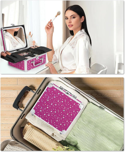 Makeup Bag with LED Mirror, Makeup Box Travel Train Case with Rechargeable Lighted Mirror & Adjustable Dividers, Cosmetic Brush Organizer Storage for Makeup Artists Gifts for Women and Girls