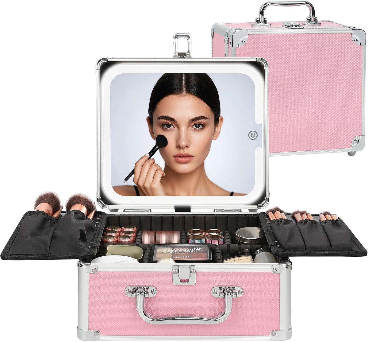 Makeup Bag with LED Mirror, Makeup Box Travel Train Case with Rechargeable Lighted Mirror & Adjustable Dividers, Cosmetic Brush Organizer Storage for Makeup Artists Gifts for Women and Girls