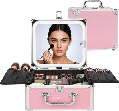Makeup Bag with LED Mirror, Makeup Box Travel Train Case with Rechargeable Lighted Mirror & Adjustable Dividers, Cosmetic Brush Organizer Storage for Makeup Artists Gifts for Women and Girls