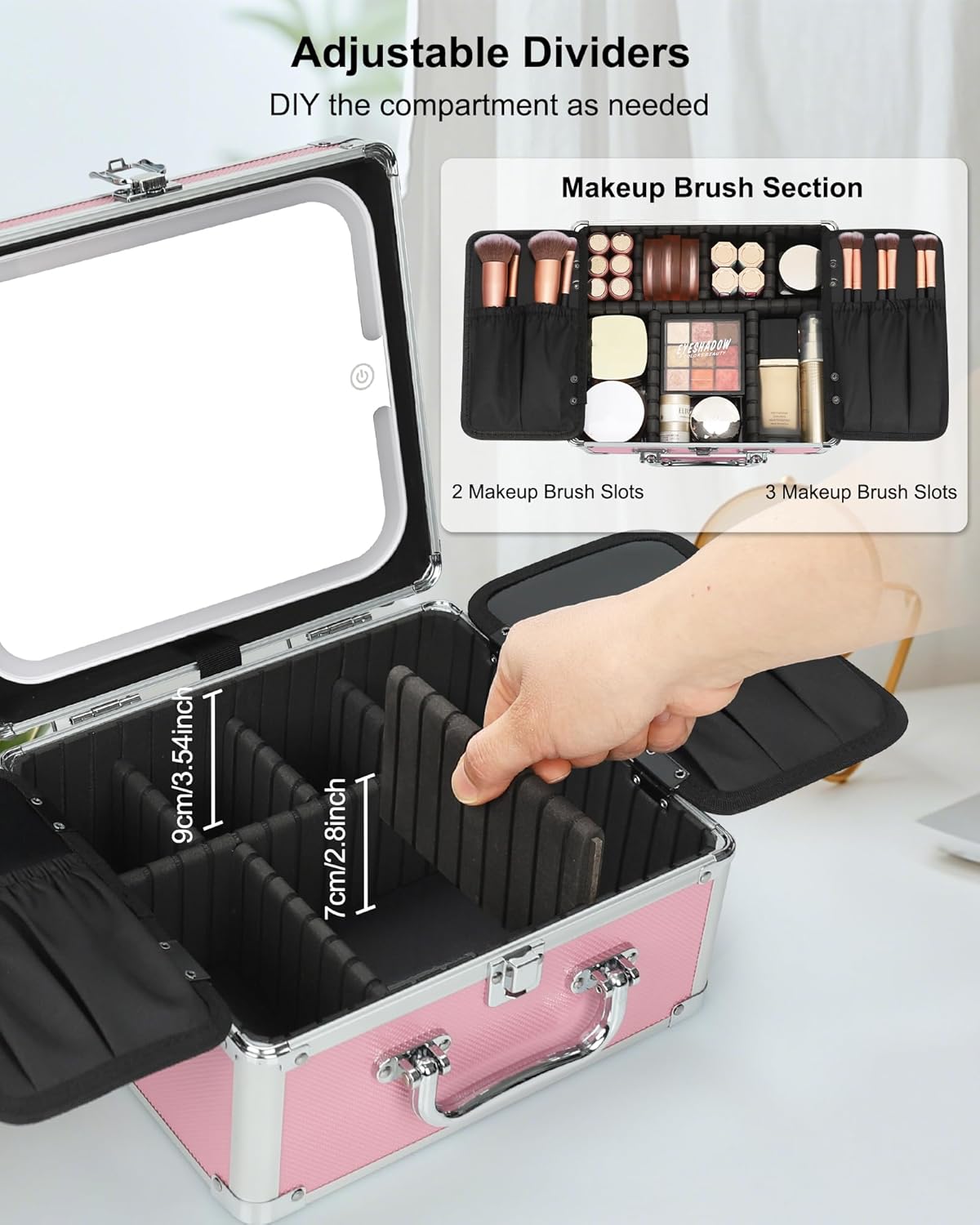 Makeup Bag with LED Mirror, Makeup Box Travel Train Case with Rechargeable Lighted Mirror & Adjustable Dividers, Cosmetic Brush Organizer Storage for Makeup Artists Gifts for Women and Girls