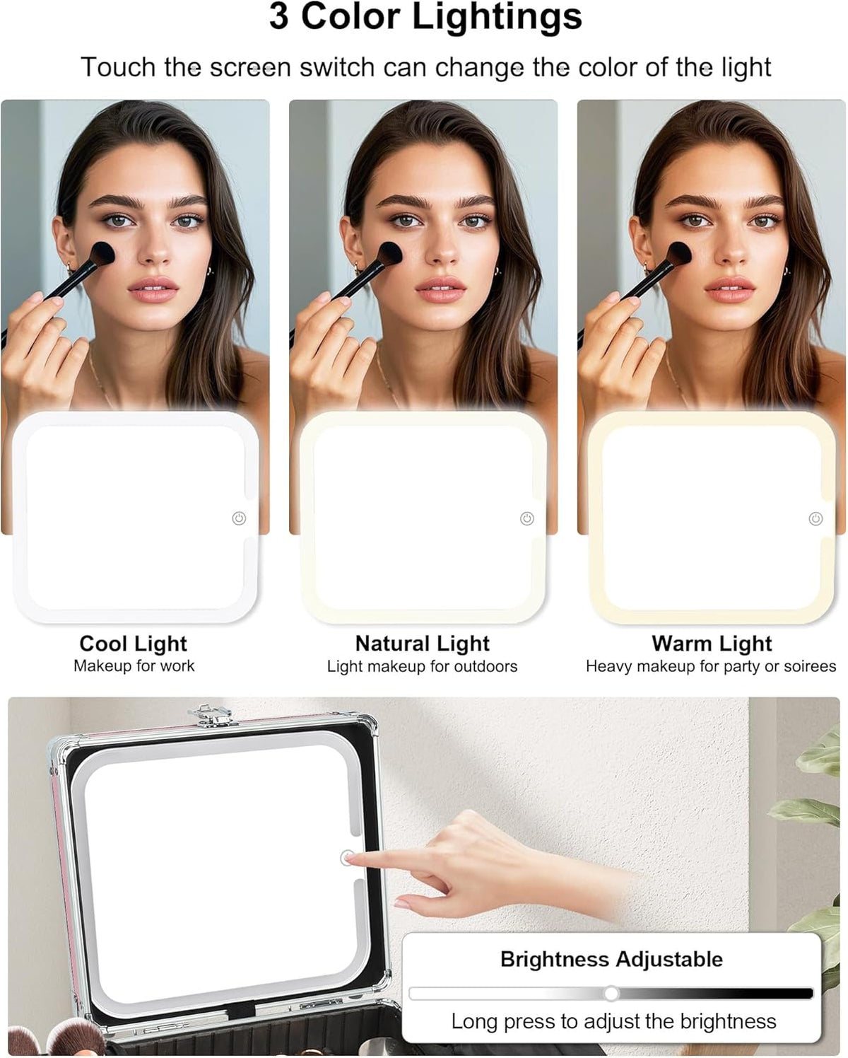 Makeup Bag with LED Mirror, Makeup Box Travel Train Case with Rechargeable Lighted Mirror & Adjustable Dividers, Cosmetic Brush Organizer Storage for Makeup Artists Gifts for Women and Girls
