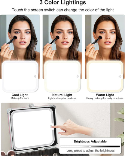 Makeup Bag with LED Mirror, Makeup Box Travel Train Case with Rechargeable Lighted Mirror & Adjustable Dividers, Cosmetic Brush Organizer Storage for Makeup Artists Gifts for Women and Girls